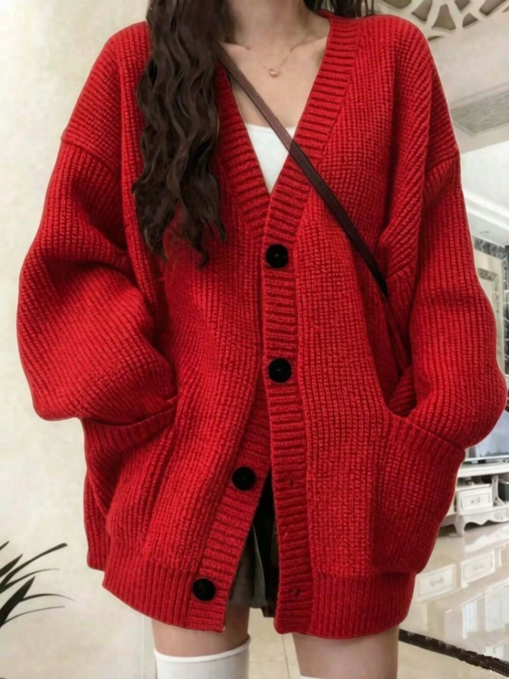 Red Casual Women's Knitted Cardigan Sweater